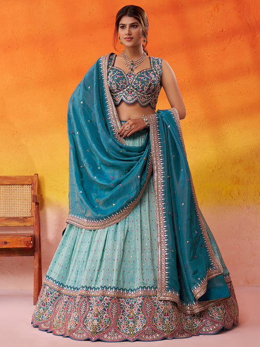Stunning Turquoise Blue Jacquard Tissue Fabric Sequins Thread Lehenga 6231