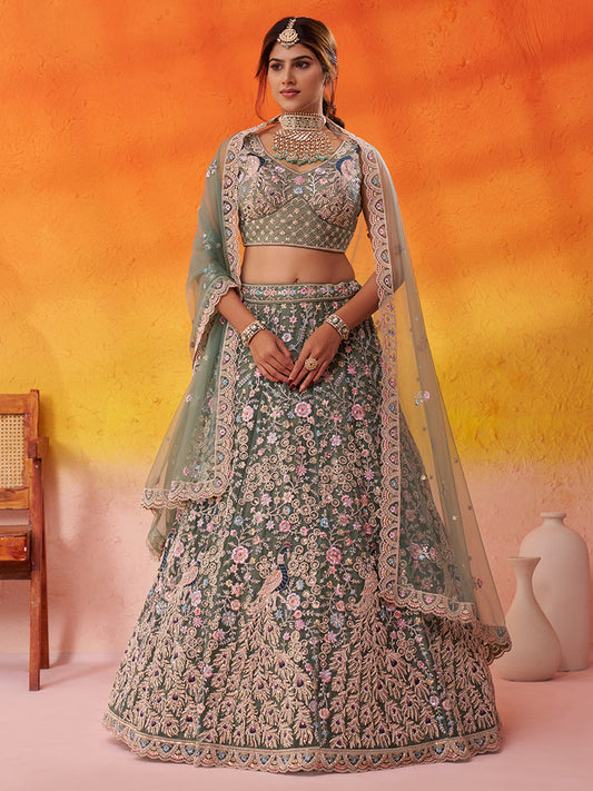 Khoobsurat Lime green Net Fabric Sequins Lehenga 6264