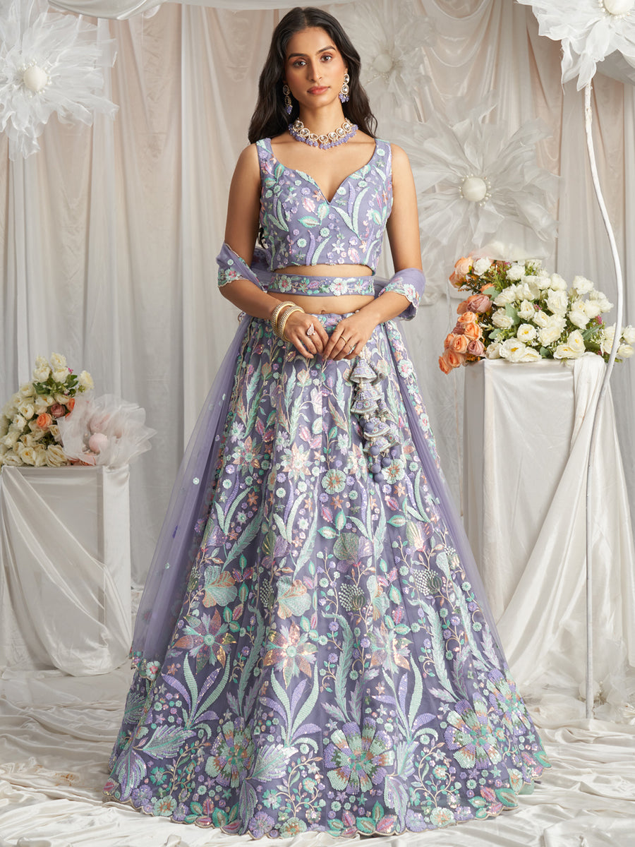 Designer Lavender Lilac Partywear Girlish Lehenga Sequins Embroidery Net Fabric Designer Lavender Lilac Partywear Girlish Lehenga Sequins Embroidery Net Fabric