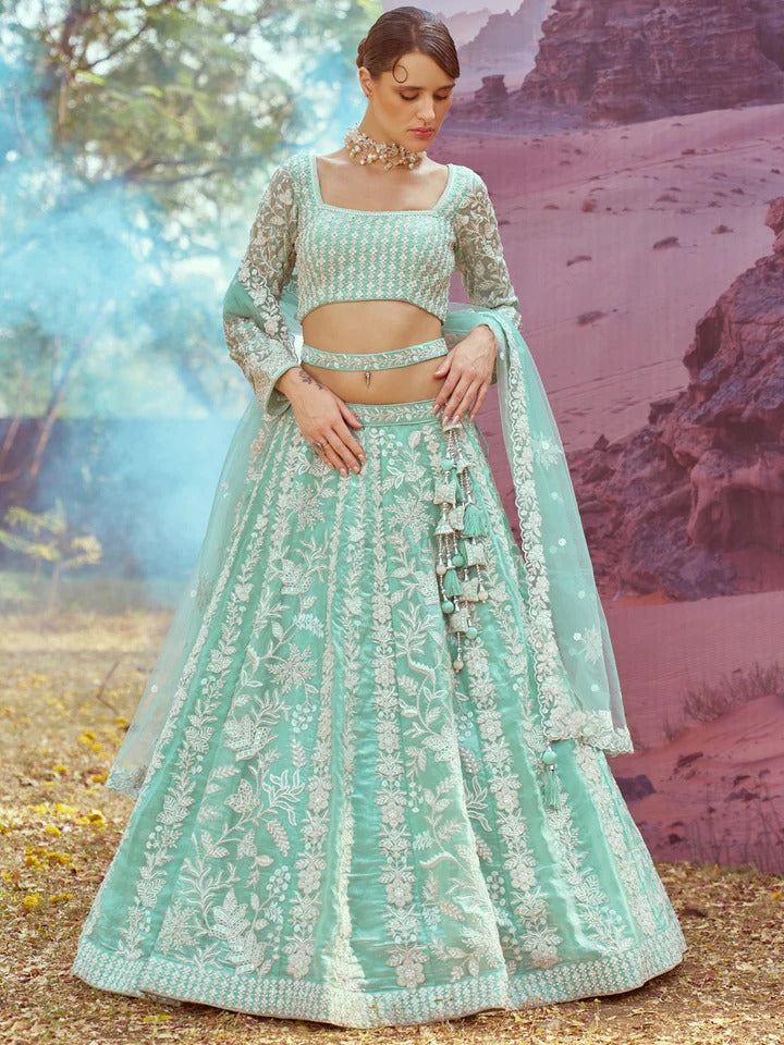Amazing Sea Green girlish white work Lehenga