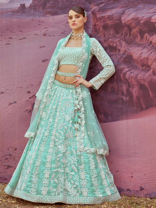 Amazing Sea Green girlish white work Lehenga