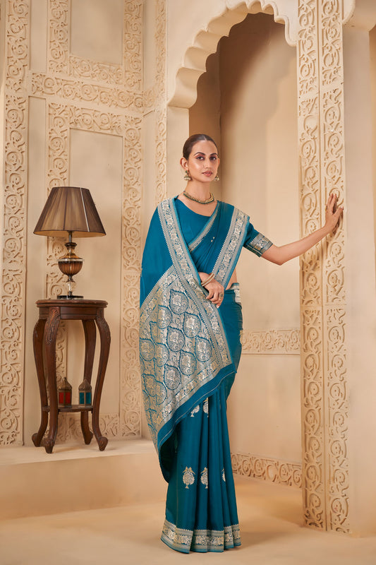 Teal Blue Mashru Silk Saree 6026