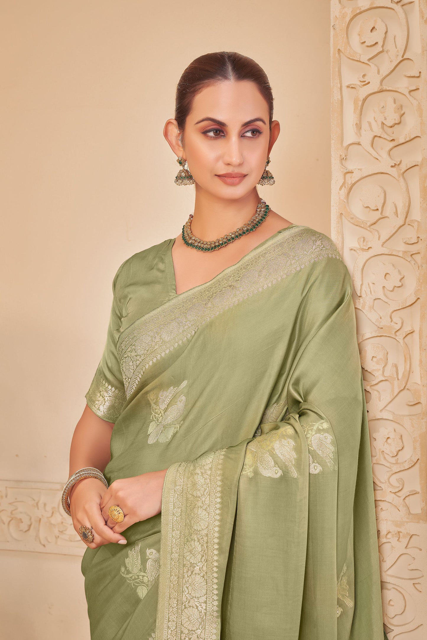 Olive green Mashru Silk Saree 6023