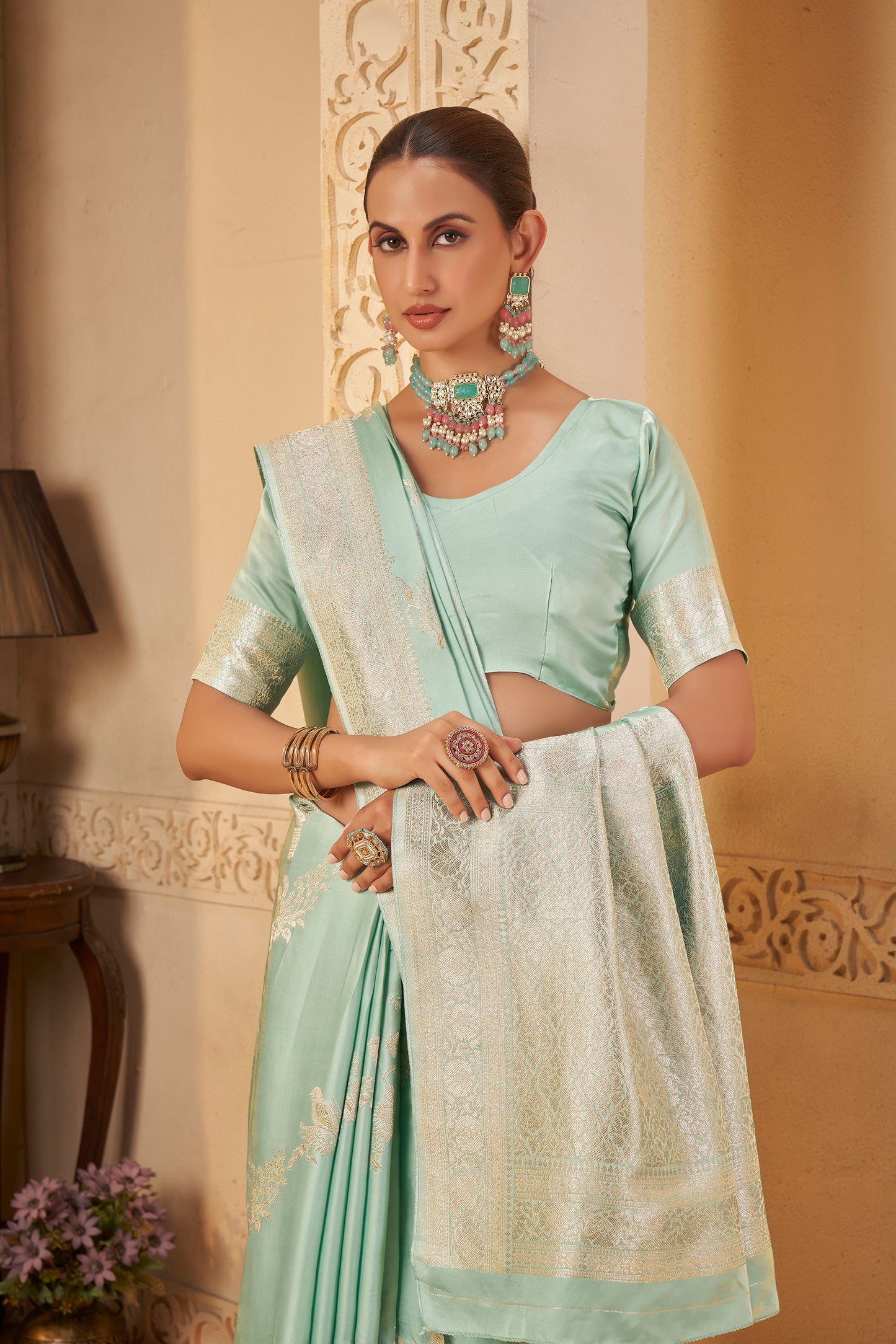 mint green Blue Mashru Silk Saree 6045