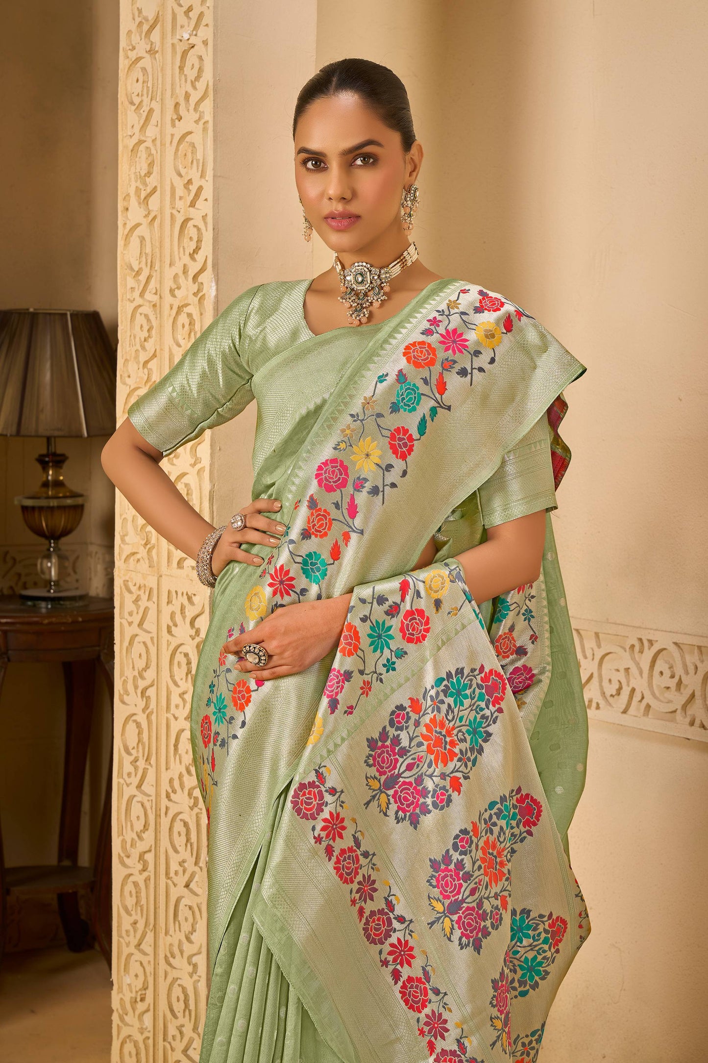 Green Tussar Silk Saree 6050