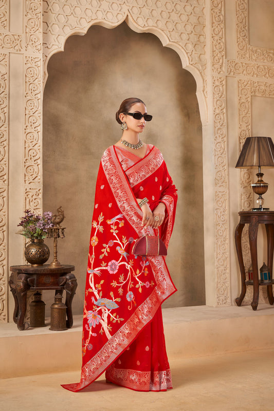 Red Tussar Silk Saree 6088