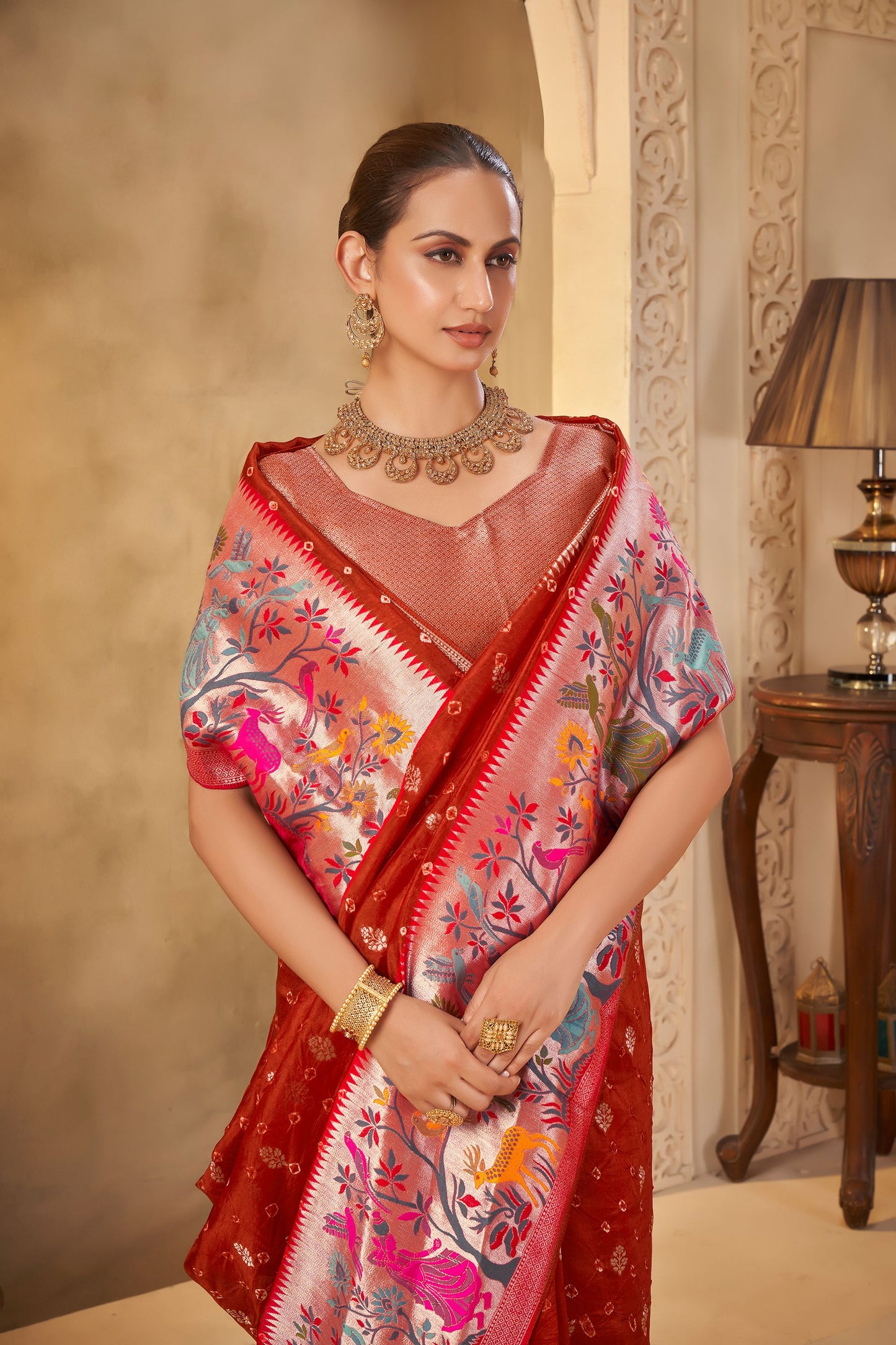 Red Pink Tussar Silk Saree 6108