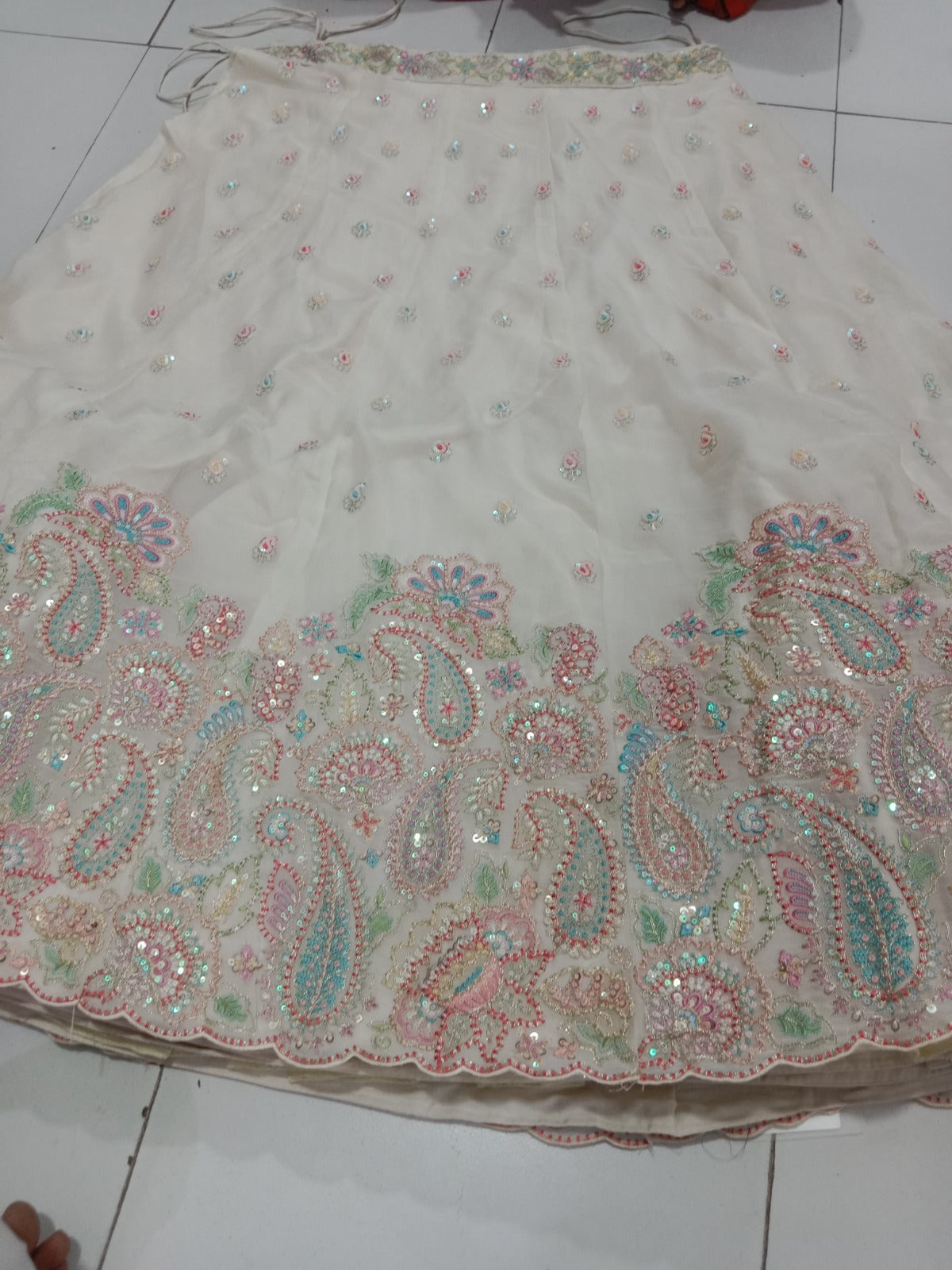 Engaging white pink lehenga Satin Silk Fabric Sequins embroidery