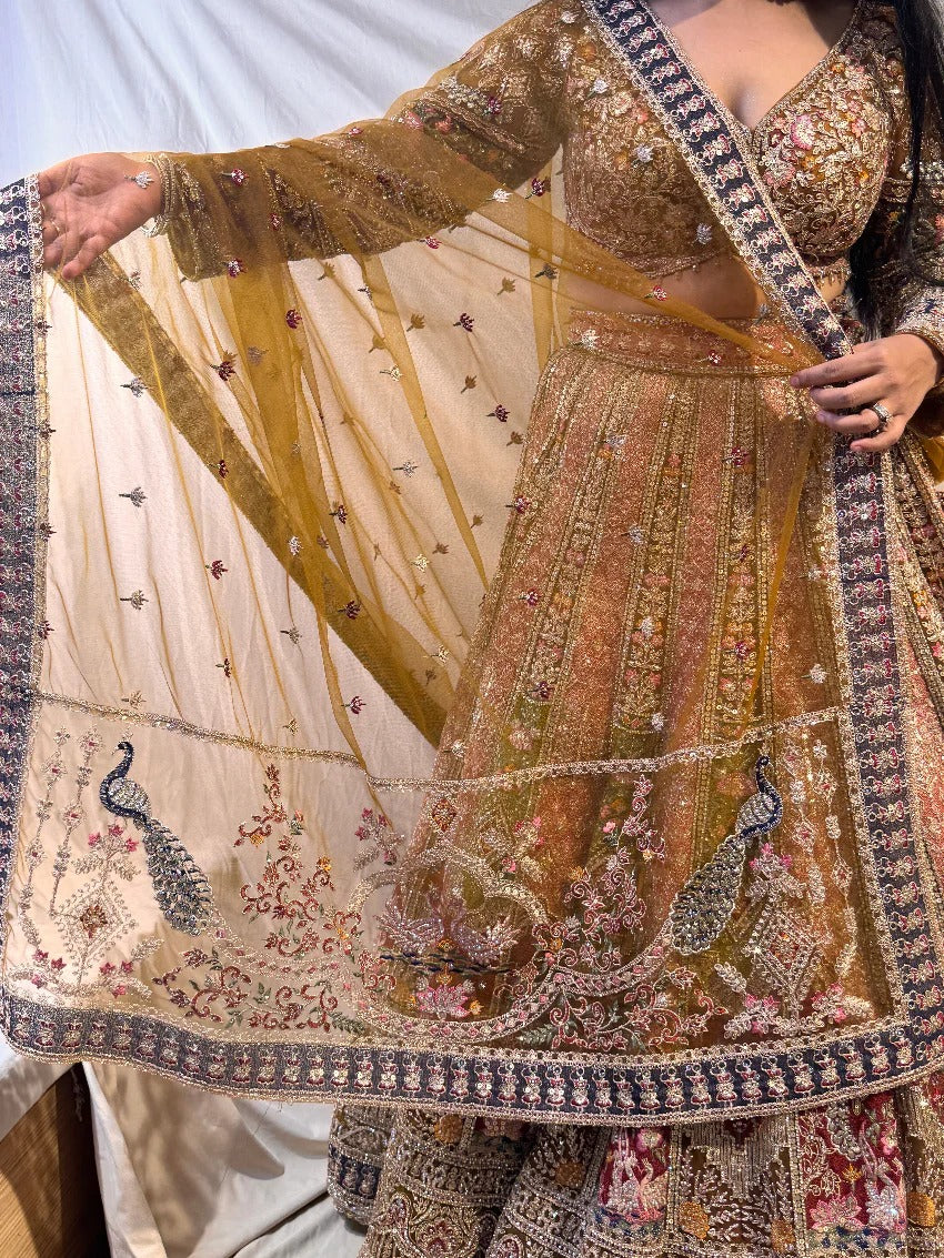 Majestic golden Pink peacock Double Duptta Crop Top Lehenga Happy Customer