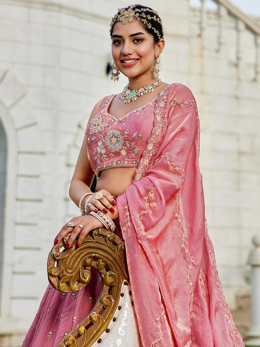 Tissue Fabric Beads & Sequence Embroidered pink Lehenga Choli & Dupatta