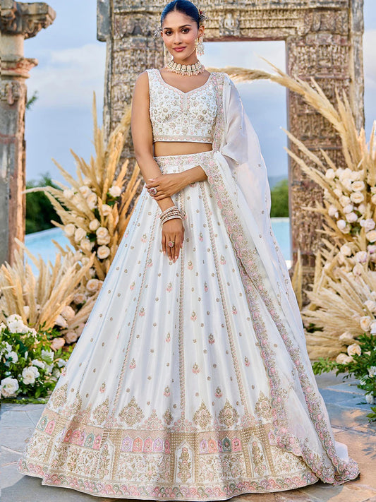 Silk Fabric Beads & Sequence Embroidered white Lehenga Choli
