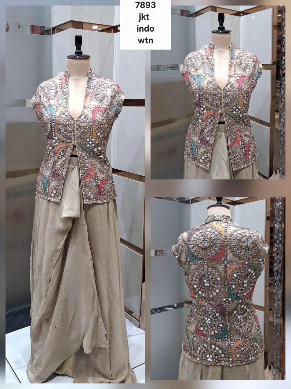 Beige Golden Long Crop Top Lehenga