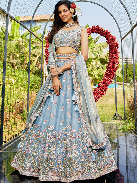 Tissue Fabric Using Golden Color Sequin,Multi-Thread Semi-Stitched Lehenga