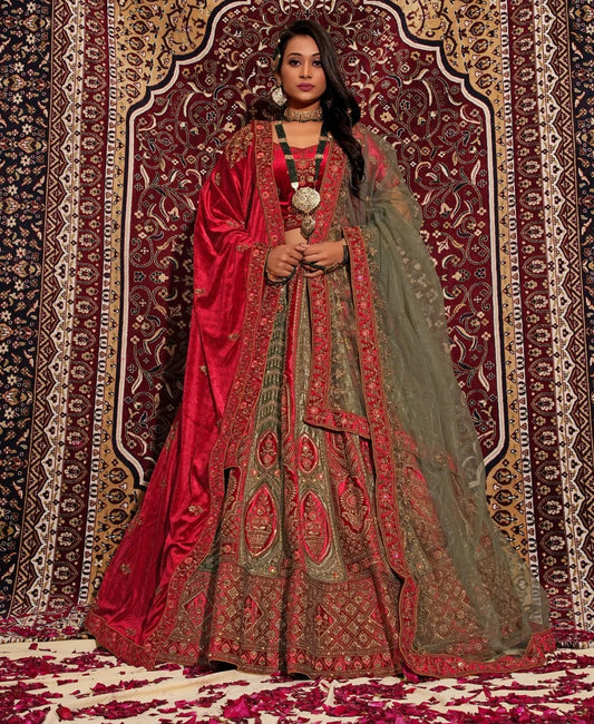 Good looking red green double duptta bridal lehenga