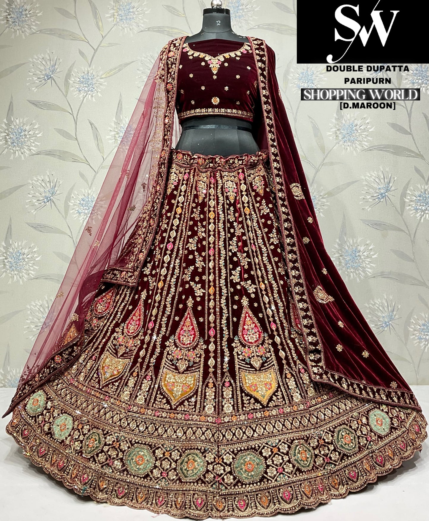 Lovely maroon Velvet bridal Lehenga