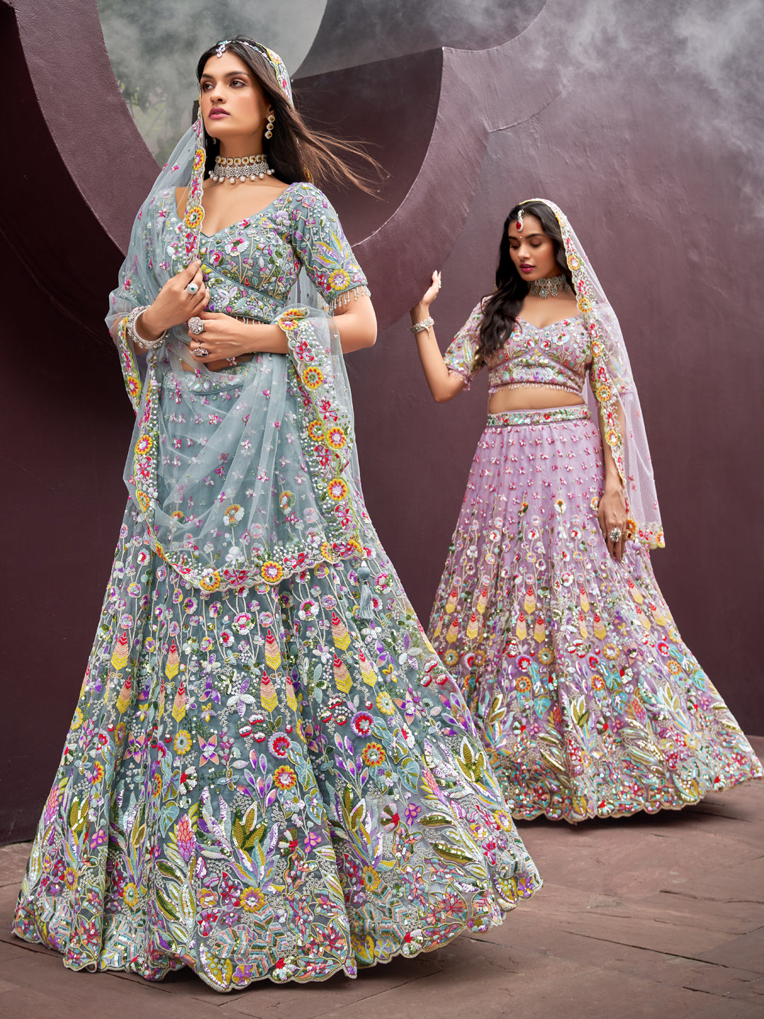 Multi Color Sequin-Thread Heavy Embroidered using Zarkan Net Lavender Lehenga