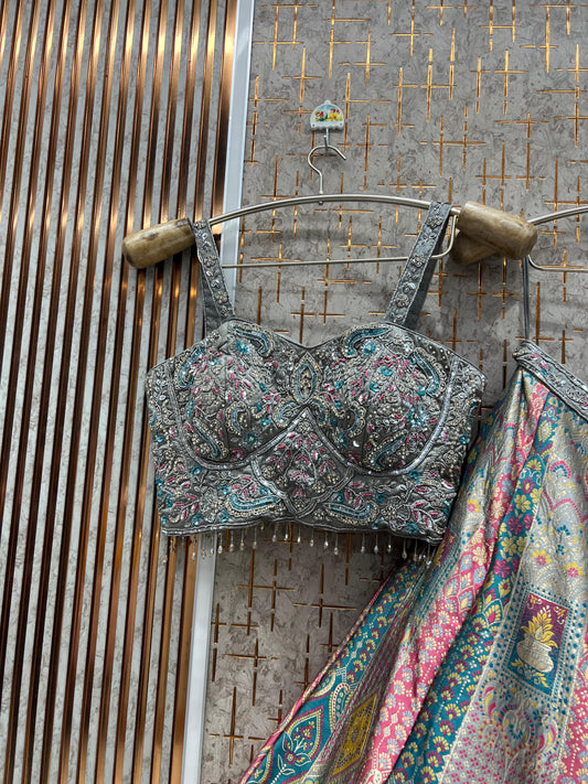 Elegant Blue Banarasi crop top Lehenga