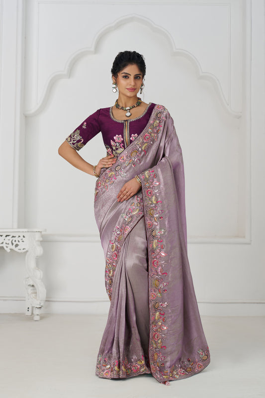Stunning Mauve Color Saree with multi-thread and sequins embroidery