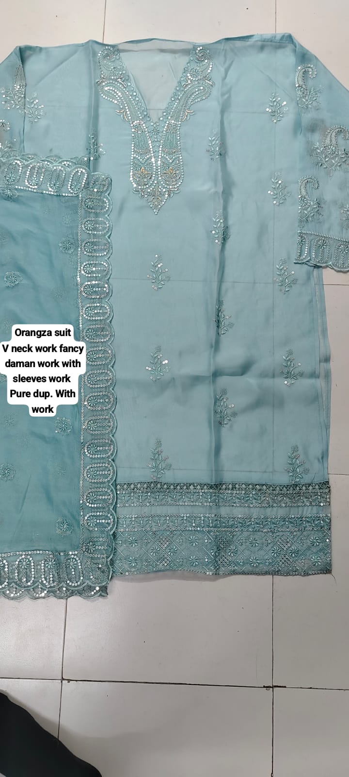 Good looking sky blue organza unstitched Salwar suits dress material (free size)