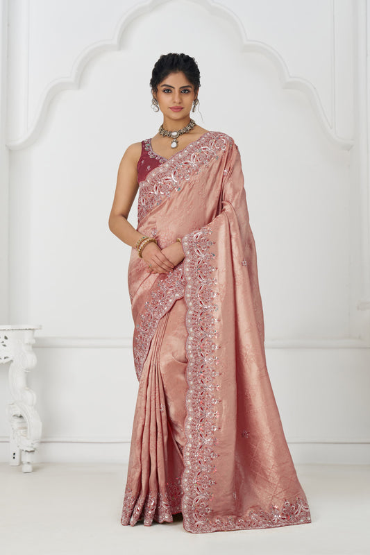 Amazing pink Saree 101 latest pink Pure Dola Viscouse Silk Saree with sequins and beads Embroidery for Brides