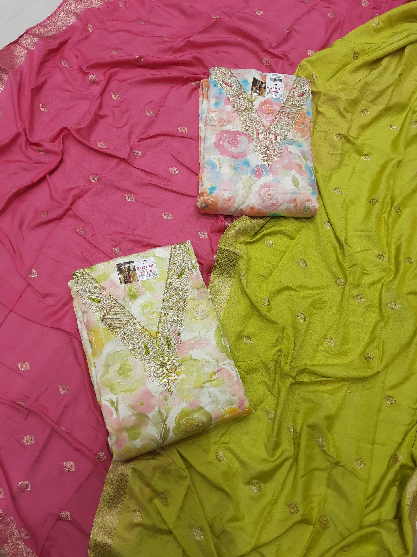 Glamorous yellow pink suit dress material (free size)