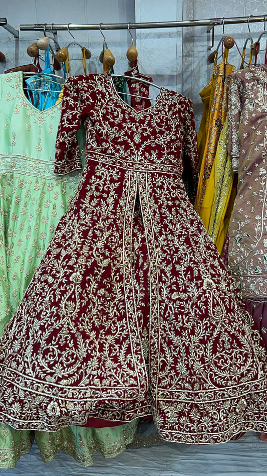 Amazing Red Peplum long Dress Farshi Gaharara Pakistani Bridal Dress Muslim Special