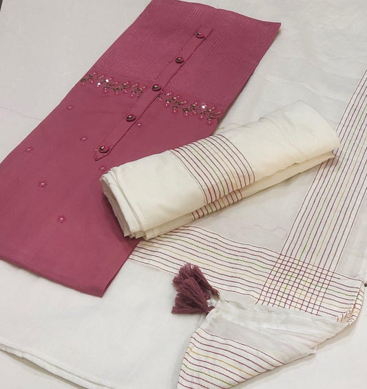 Majestic white pink unstitched salwar suit dress material (free size)