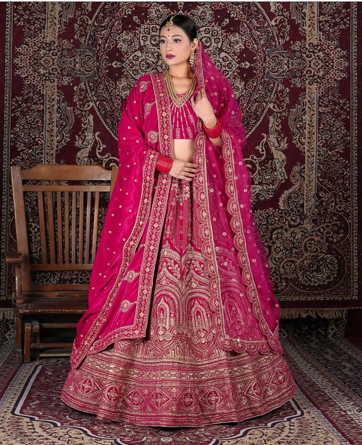 Preciosa lehenga nupcial duptta doble color rosa rani