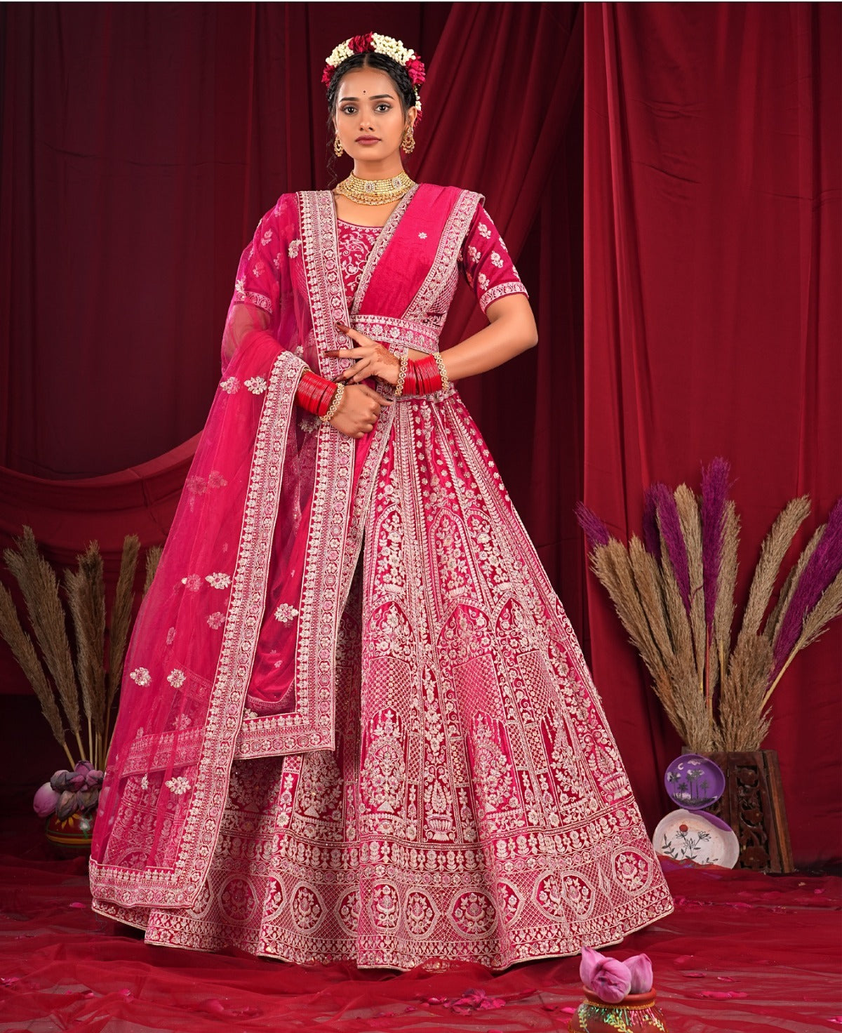 Stunning hot rani pink double dupatta bridal lehenga
