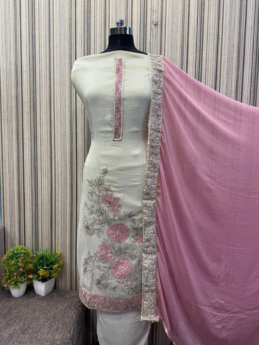 Good looking white pink suit dress material (free size)