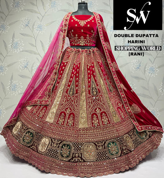 Designer dark maroon Velvet bridal Lehenga