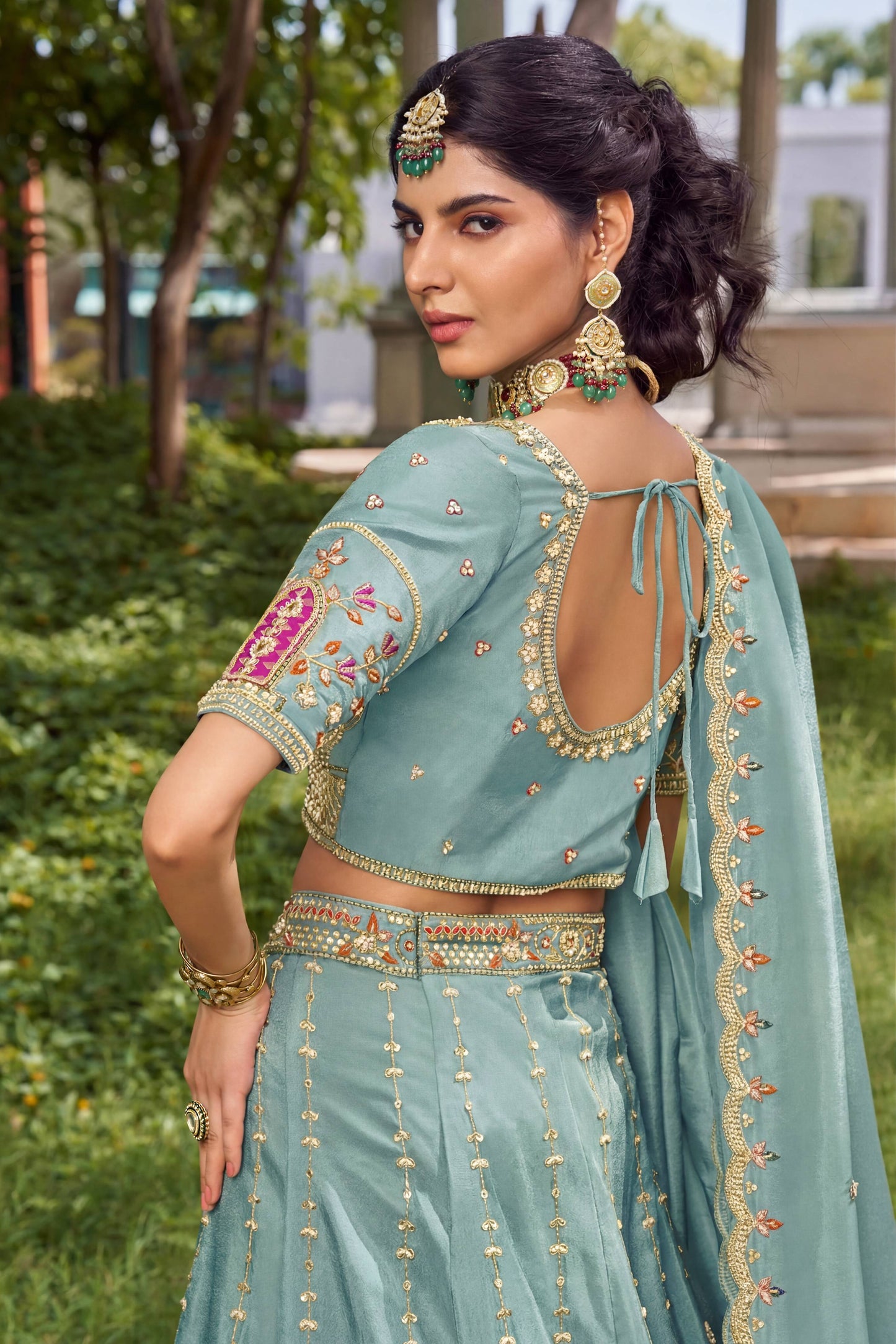 Yellow Haldi Mehendi Tissue Fabric Bead Work Lehenga 1139
