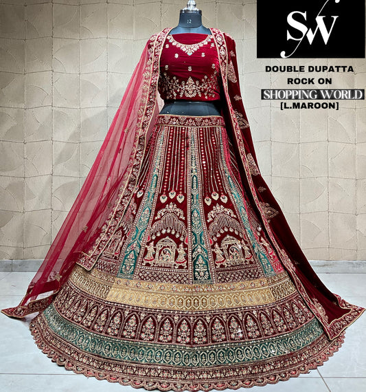 Delighful dark maroon doli barat Velvet bridal Lehenga
