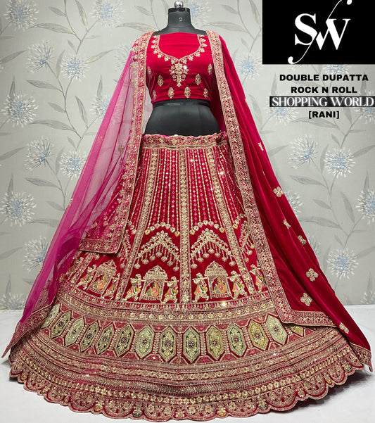 Pleasing light maroon doli barat Velvet bridal Lehenga