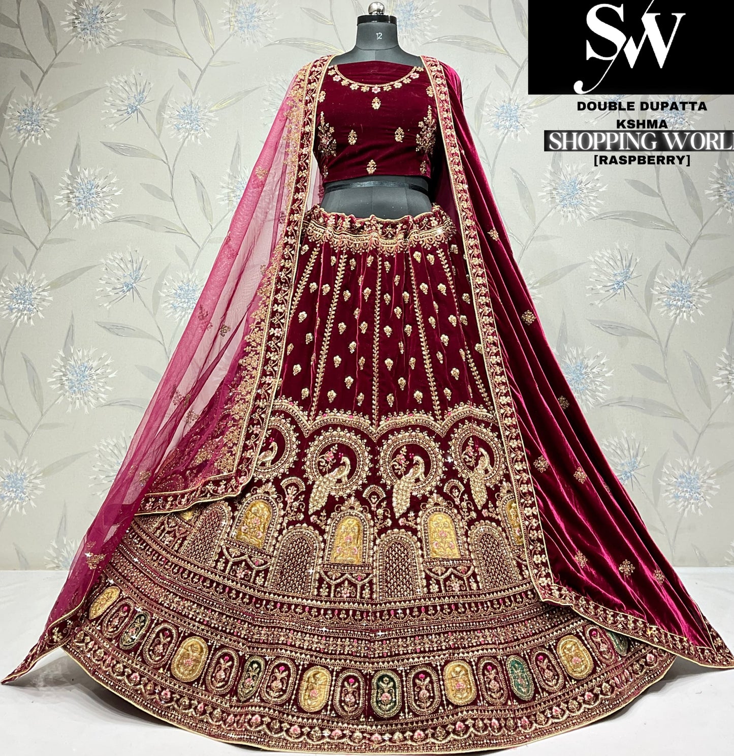 Astonishing dark maroon peacock doli barat Velvet bridal Lehenga