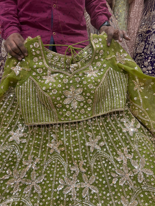 Green Floral Crop Top Lehenga - Shopping World