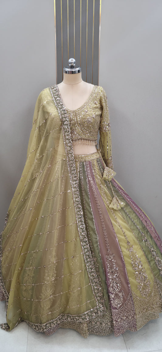 Yellow pink mustard Multicolour Crop Top Lehenga - Shopping World