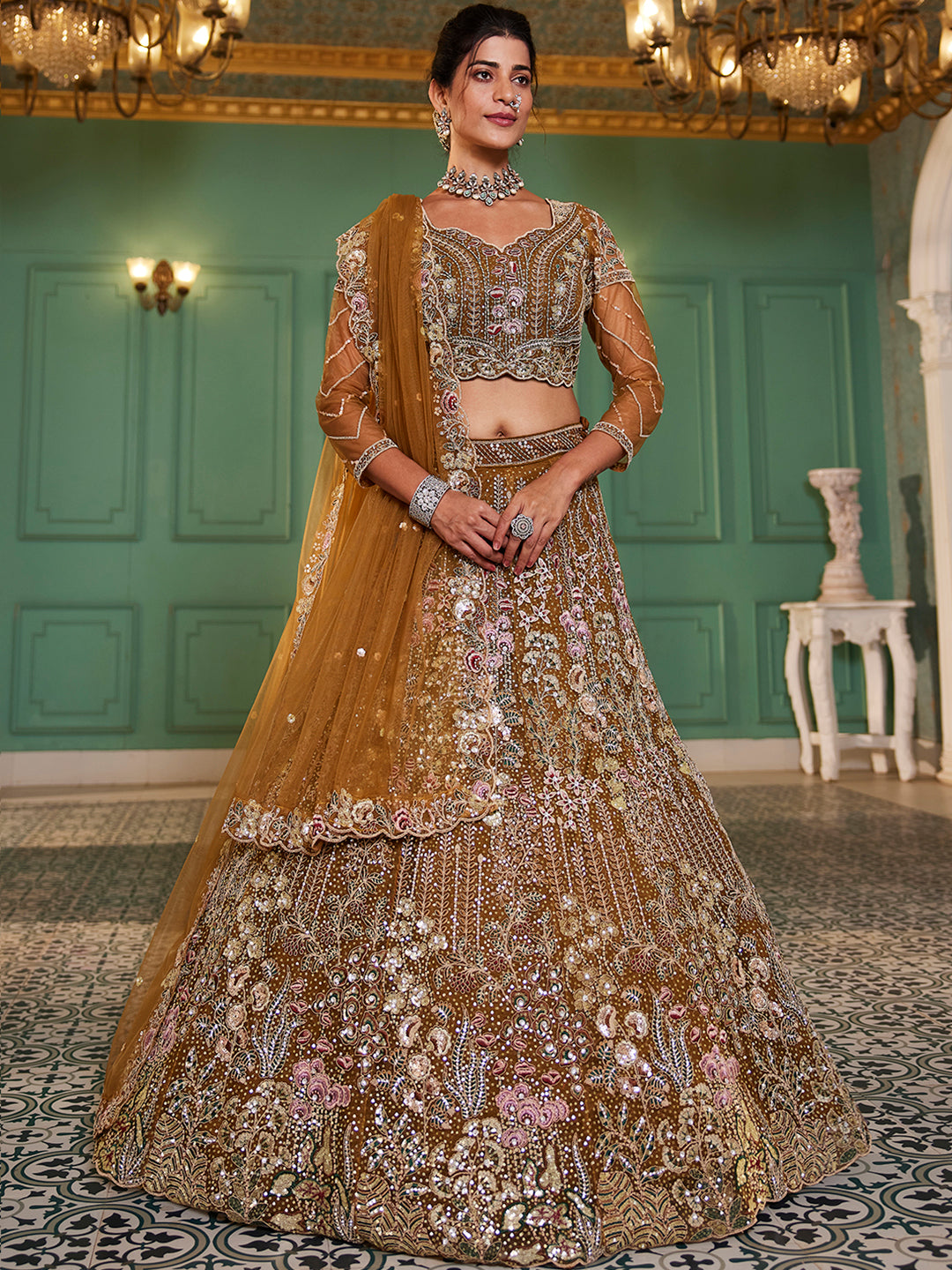 Pink Net Heavy Embroidered Multi-Color Sequins Work Using Zarkan & Mirror Lehenga