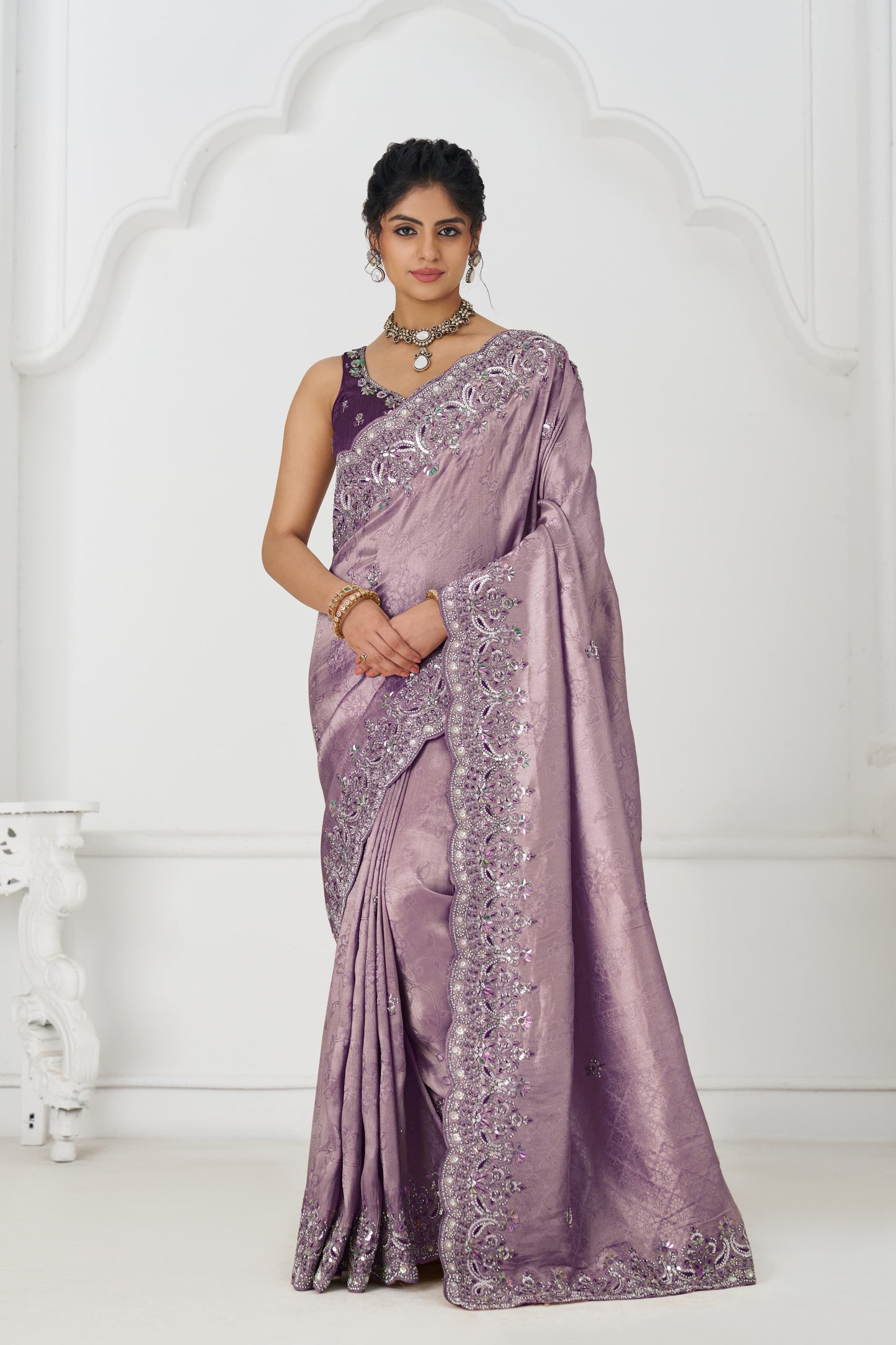 Astonishing mauve Saree 101 Pure Dola Viscouse Silk Saree with sequins and beads Embroidery for Festivals