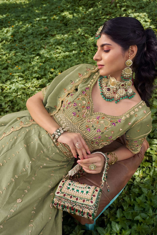 Green Tissue Fabric Bead Work Lehenga 1139