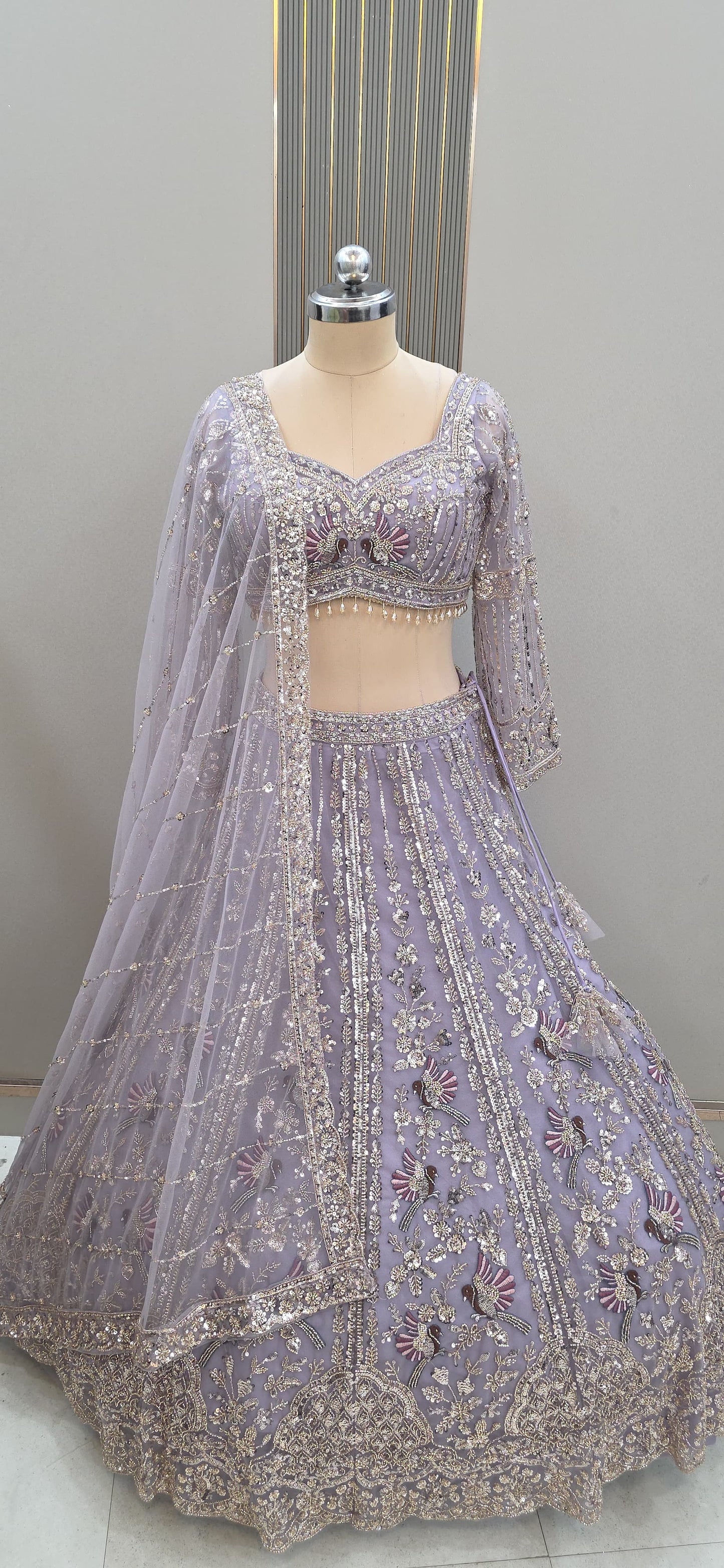 Beige peach Bird print Crop Top Lehenga