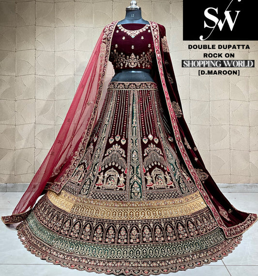 Engaging maroon doli barat Velvet bridal Lehenga