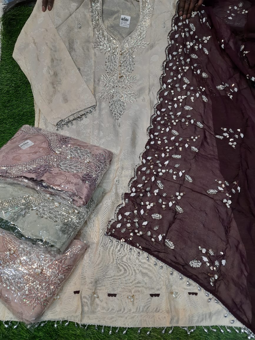 Lovely white maroon unstitched salwar suit dress material (free size)
