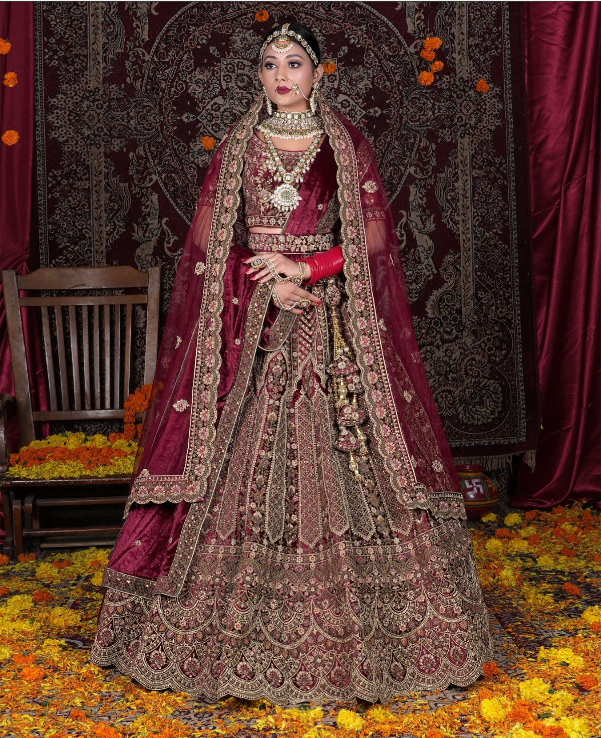 Awesome maroon double duptta bridal lehenga velvet fabric net dupatta