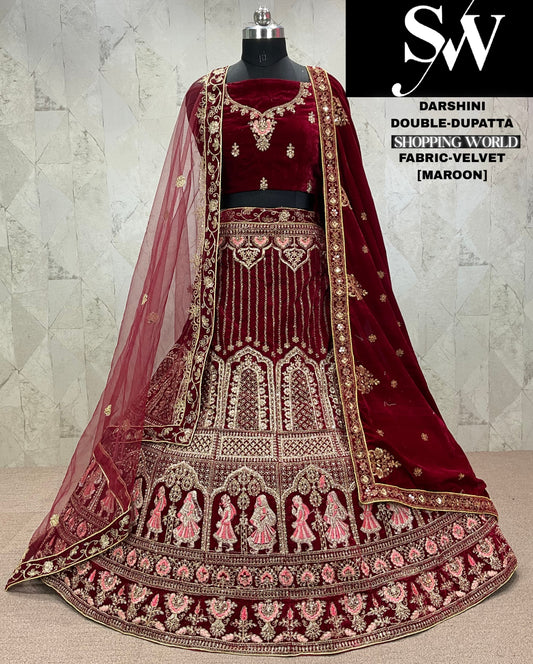 Majestic doli barat dark maroon Velvet bridal Lehenga