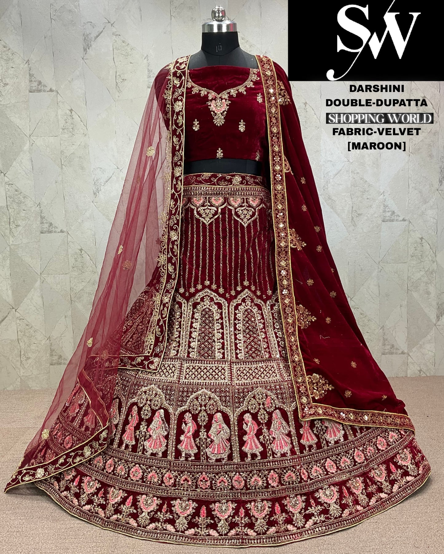 Majestic doli barat dark maroon Velvet bridal Lehenga