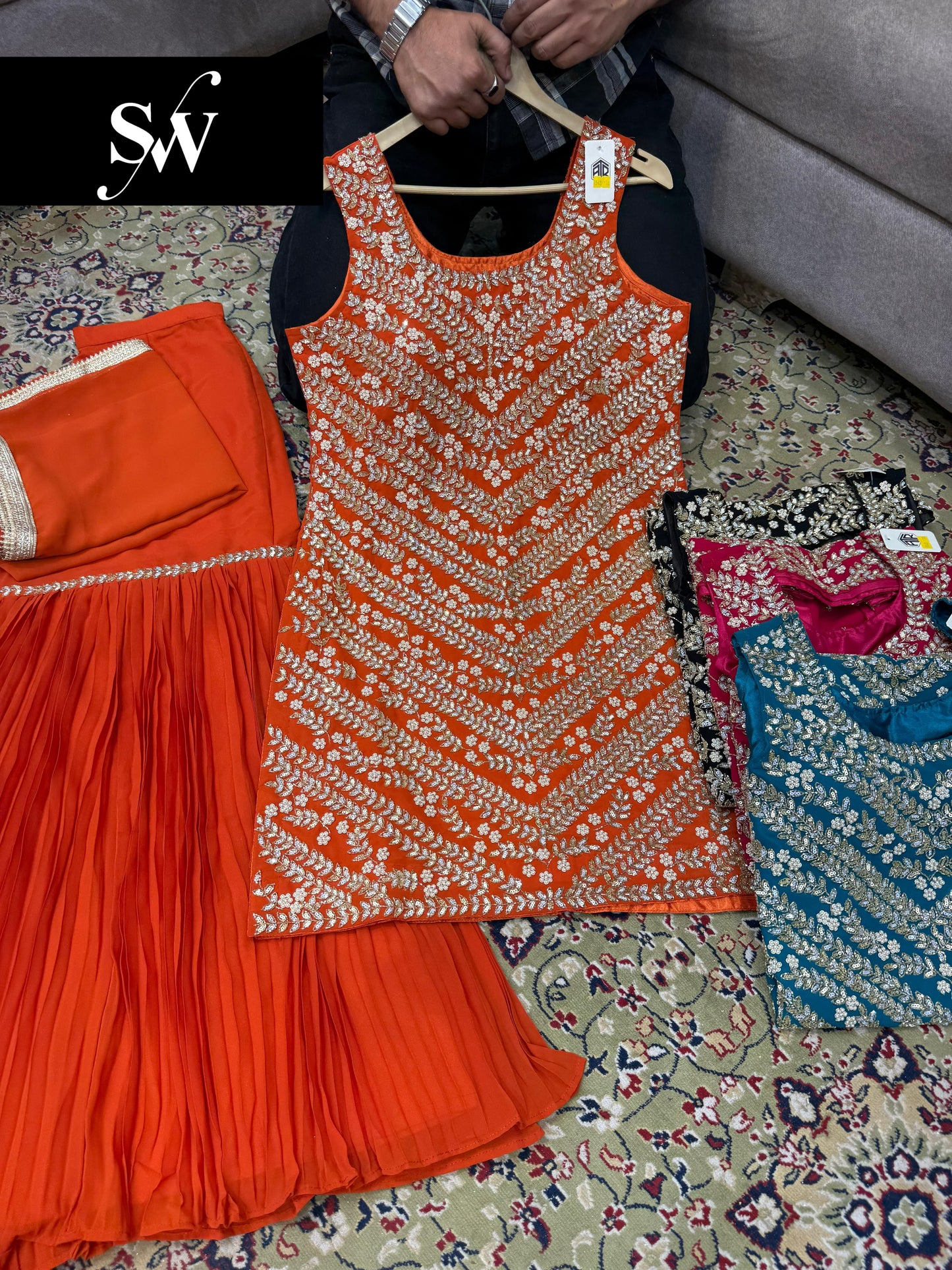 Rust Orange Long Sharara Suit Dress Material