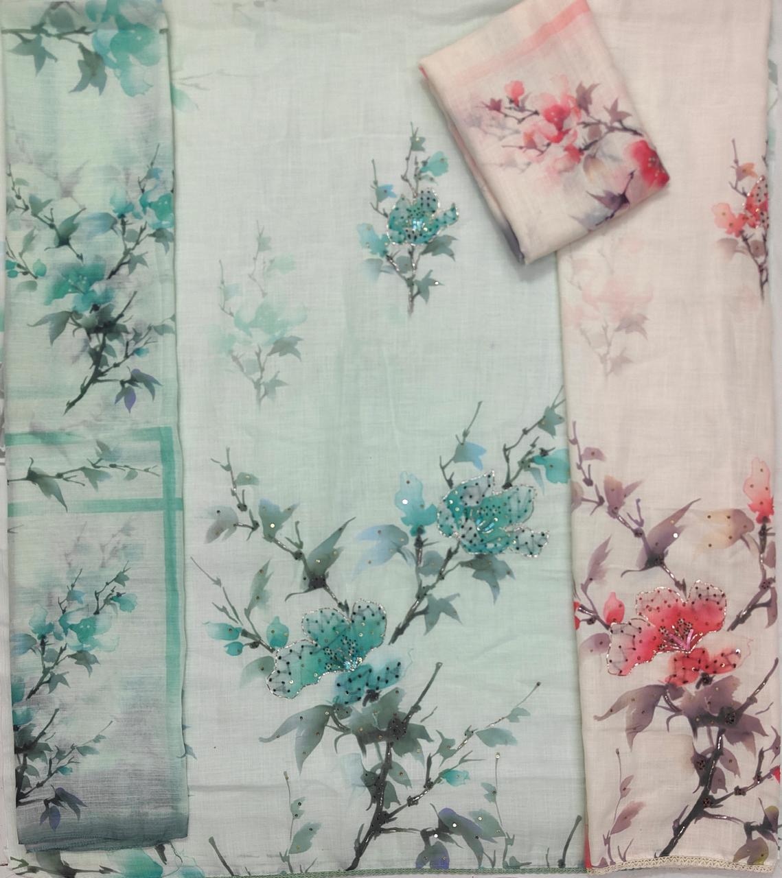 Gorgeous light peach sea green unstitched salwar suit dress material (free size)