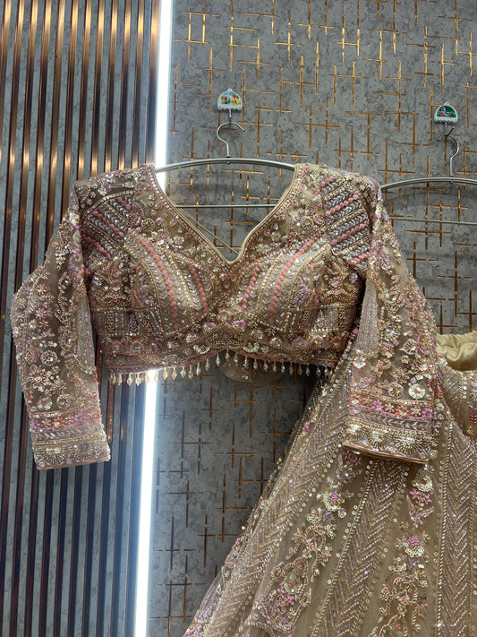 Stunning Beige Golden Crop top Lehenga