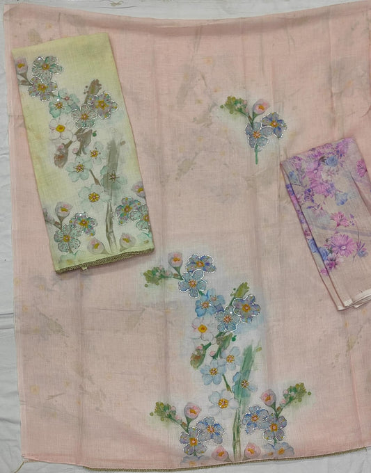 Khoobsurat light peach unstitched salwar suit dress material (free size)